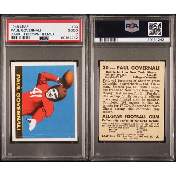 Paul Governali RC, Darker Brown Helmet #30 - 1948 Leaf - PSA 2 GOOD