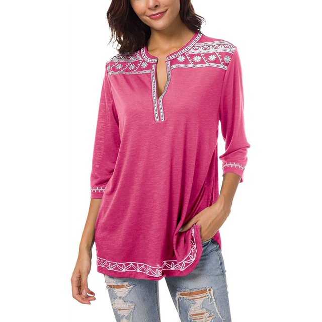 Camisas bohemias de manga 3/4 para mujer, blusa campesina bordada Adepaton CJWUS-4336