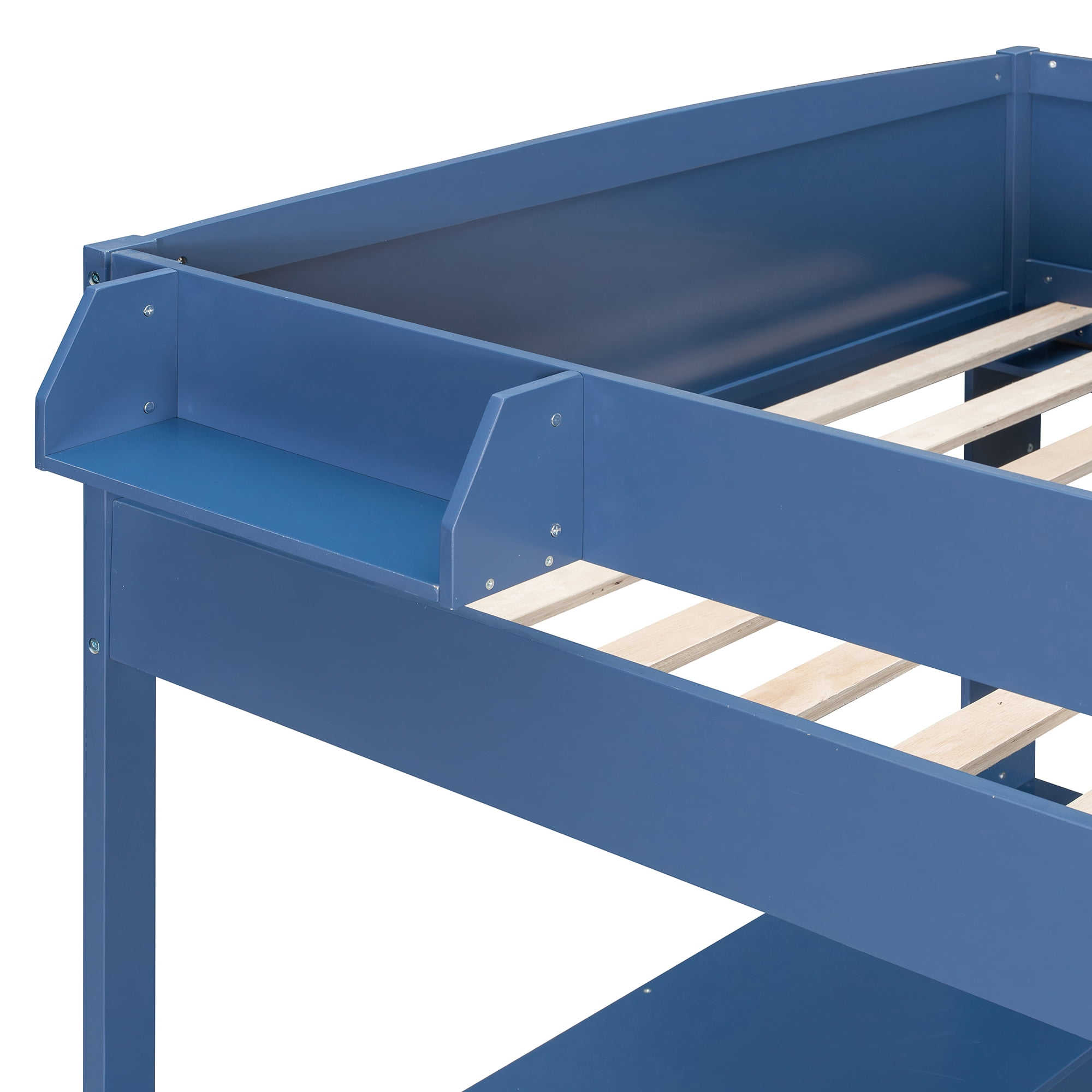 Full Size Wood Loft Bed with Desk, Bedside Storage Shelf, Sofa and Light, Space Saving Loft Bed with Rotating L-Shaped Desk for Bedroom Home Office Studio Apartment, Navy Blue
