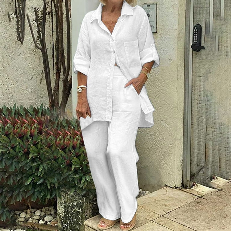 Plus Size Summer Outfits for Women 2 Piece Linen Sets Long Sleeve Button  Down Shirt and Wide Leg Pants Loose Fit Solid Streetwear Suits