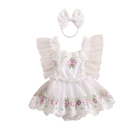 

Infant Baby Girl Fly Sleeve Flower Embroidery Lace Trim Romper Dress Headband Toddler Summer Outfits