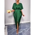thumbnail image 4 of Women'S Satin Silky Long Sleeve V Neck Lace Up High Waist Side Split Maxi Dress Green L, 4 of 10