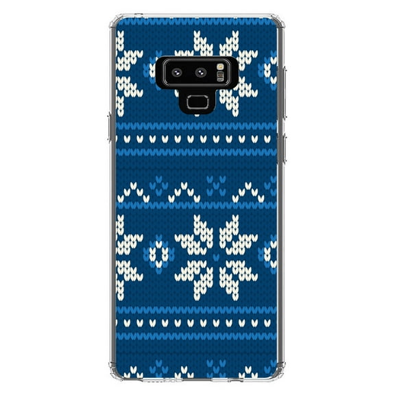 DistinctInk Clear Shockproof Hybrid Case for Samsung Galaxy Note 9 - TPU Bumper, Acrylic Back, Tempered Glass Screen Protector - Blue White Ugly Hannukah Sweater