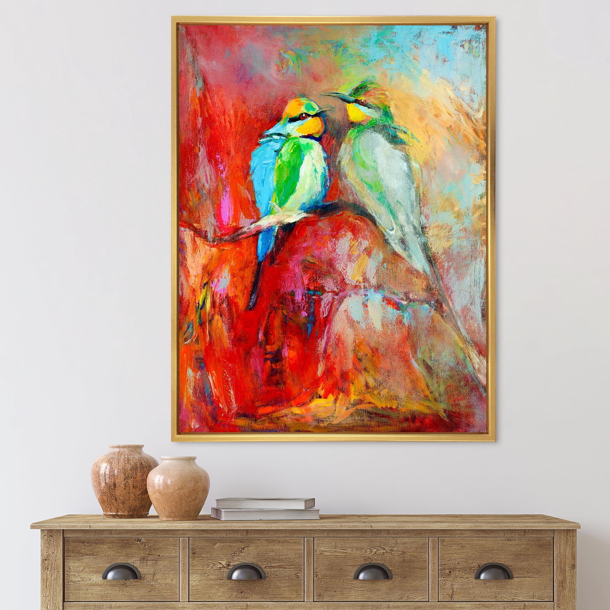 Blue Tailed Bee Eaters Sitting On A Branch 30 in x 40 in Framed Painting Canvas Art Print, by Designart