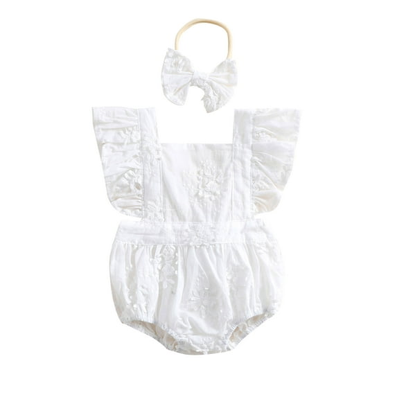 Gureui Kids Baby Girls Summer Romper with Headband, Plain Fly Sleeves Lace Square Neck Tie-Up Romper, Infant Snap Triangle Backless Jumpsuit