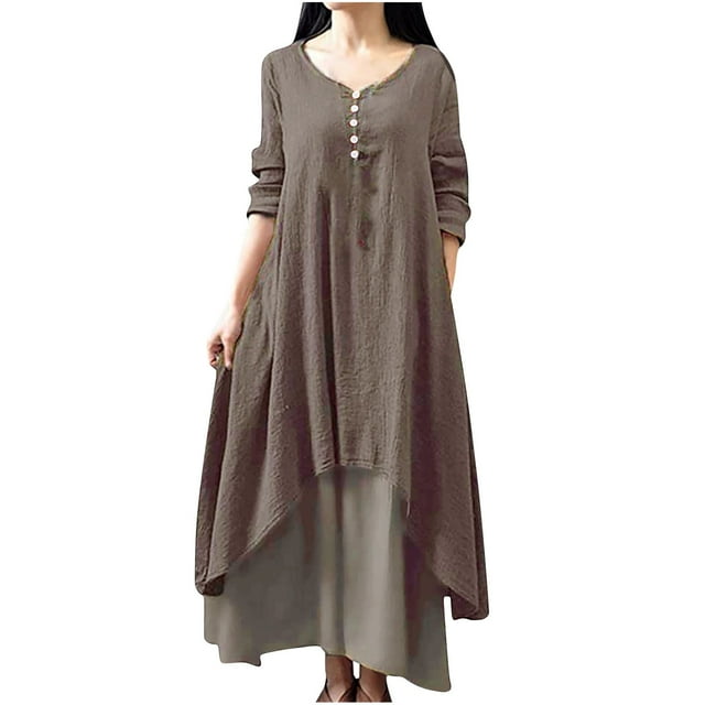 Timegard Robe à Manches Longues pour Femmes Grande Taille en Coton et Lin Col Rond à Boutons Irrégulière Décontractée Ample