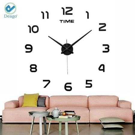 Deago DIY Wall Clock Modern 3D Wall Clock Stickers wth Mirror Numbers For Home Office Living Room Decorations (Black)