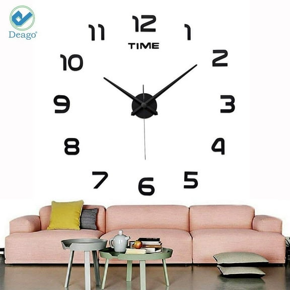 Deago DIY Wall Clock Modern 3D Wall Clock Stickers wth Mirror Numbers For Home Office Living Room Decorations (Black)