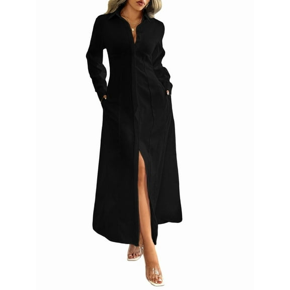 Shirt Dresses for Women Casual Long Sleeve Button Down Maxi Dresses Black XL
