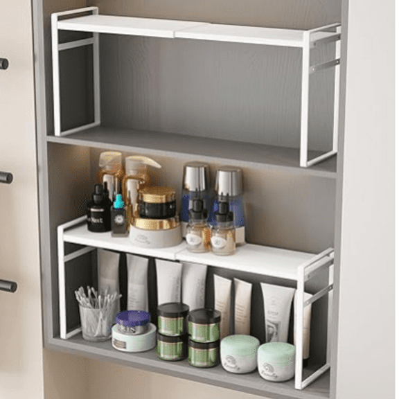 1pcs Medicine Cabinet Organizer Stretchable Storage Box For Bathroom Stackable Mirror Cabinets Vanity Small Narrow Shelf Slim Trays Holder (White, 13.8-23.6''L*3.1''W*6.3''H)