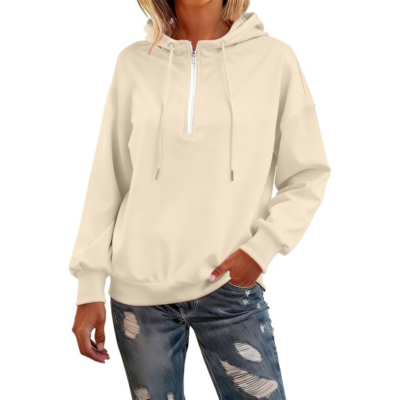 Breezora Quarter Zip Hooded Sweatshirt for Women Trendy Lapel Neckline Pullover Hoodie Soft Fleece Loungewear Comfortable Casual Street Style Top L Size Beige