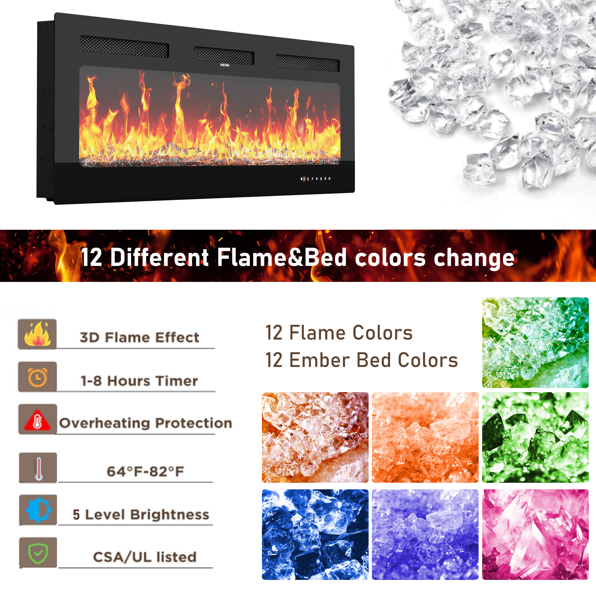 Blotout Fireplace TV Stand for 95/100''TV with 50'' Fireplace, 94.5'' Modern LED Entertainment Center with Overheat Protection, Adjustable Shelves, 2 Tier Fireplace Console for Living Room, Bedroom
