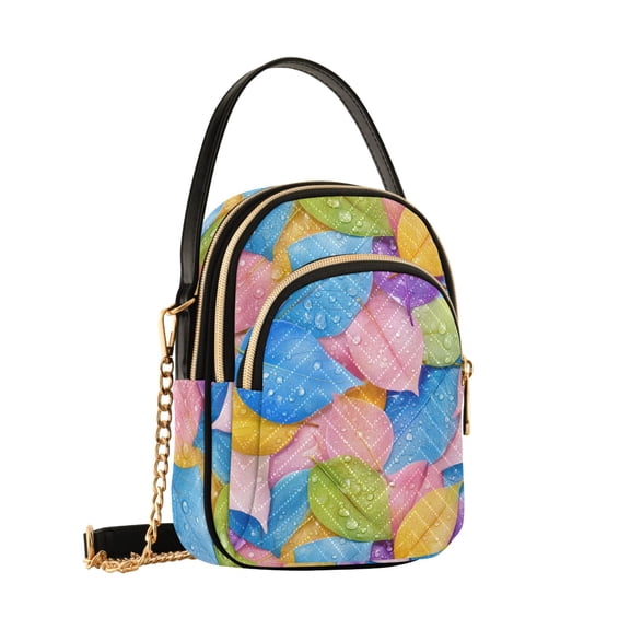 Women's Quilted Crossbody Bag Small Shoulder Tote Purse with 3 Zipper Pockets Vibrantly Colored Leaves