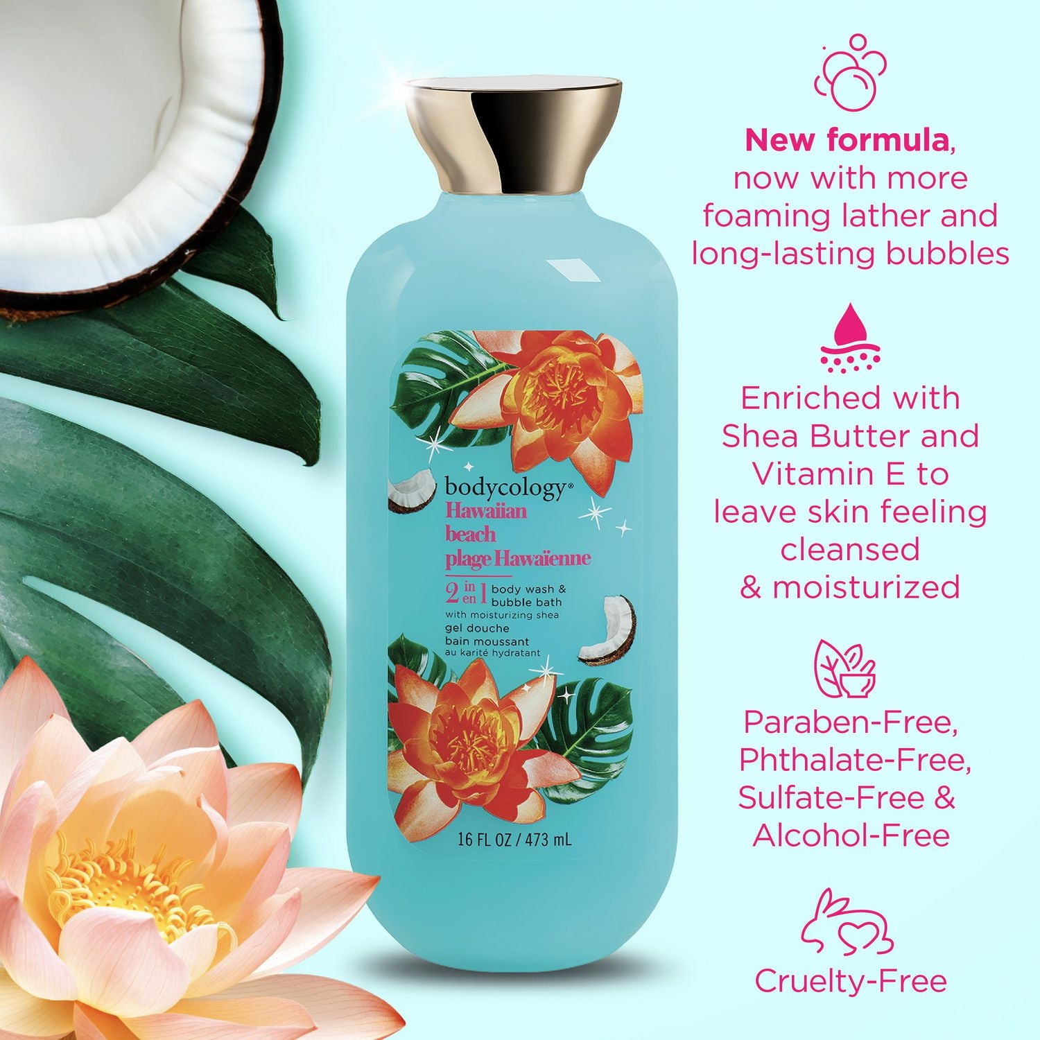 Bodycology Plage Hawaïenne Gel Douche Bain Moussant 2 en 1, 473 ml