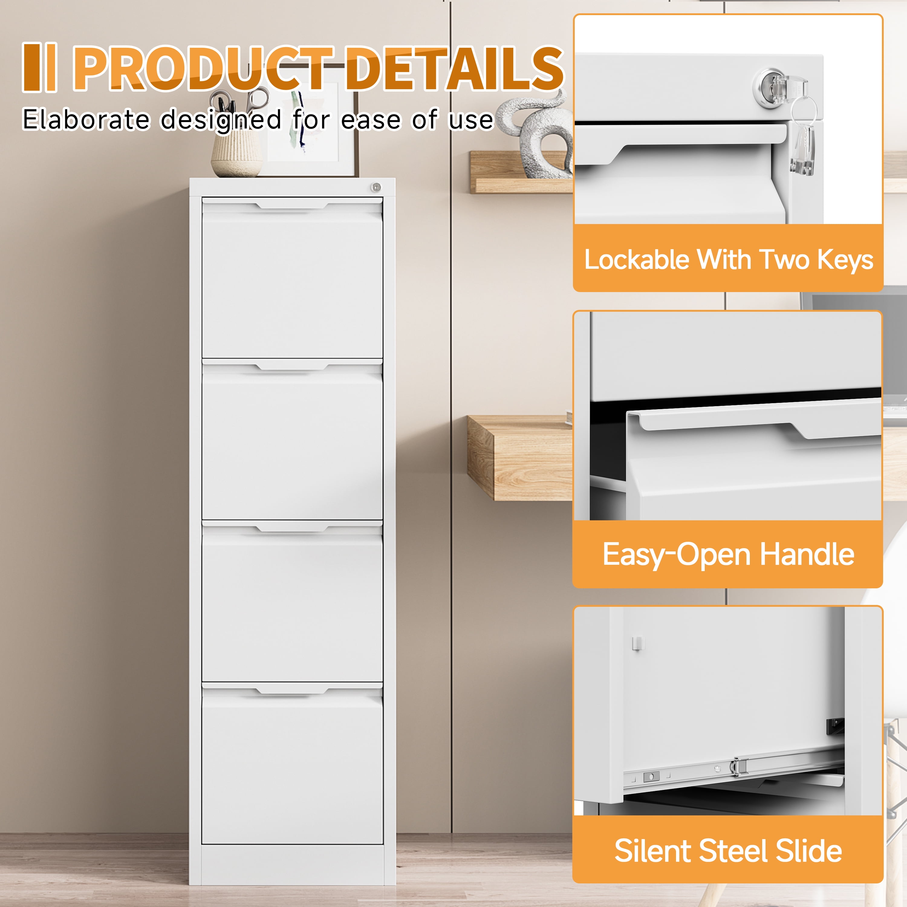 Metal File Cabinet with Lock, Storage Cabinet with 4 Drawers for Home Office, Vertical Filing Cabinet for Legal/Letter/A4 Files,Assembly Required