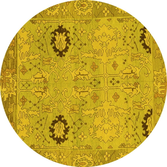 Ahgly Company Machine Washable Indoor Round Oriental Yellow Traditional Area Rugs, 4' Round