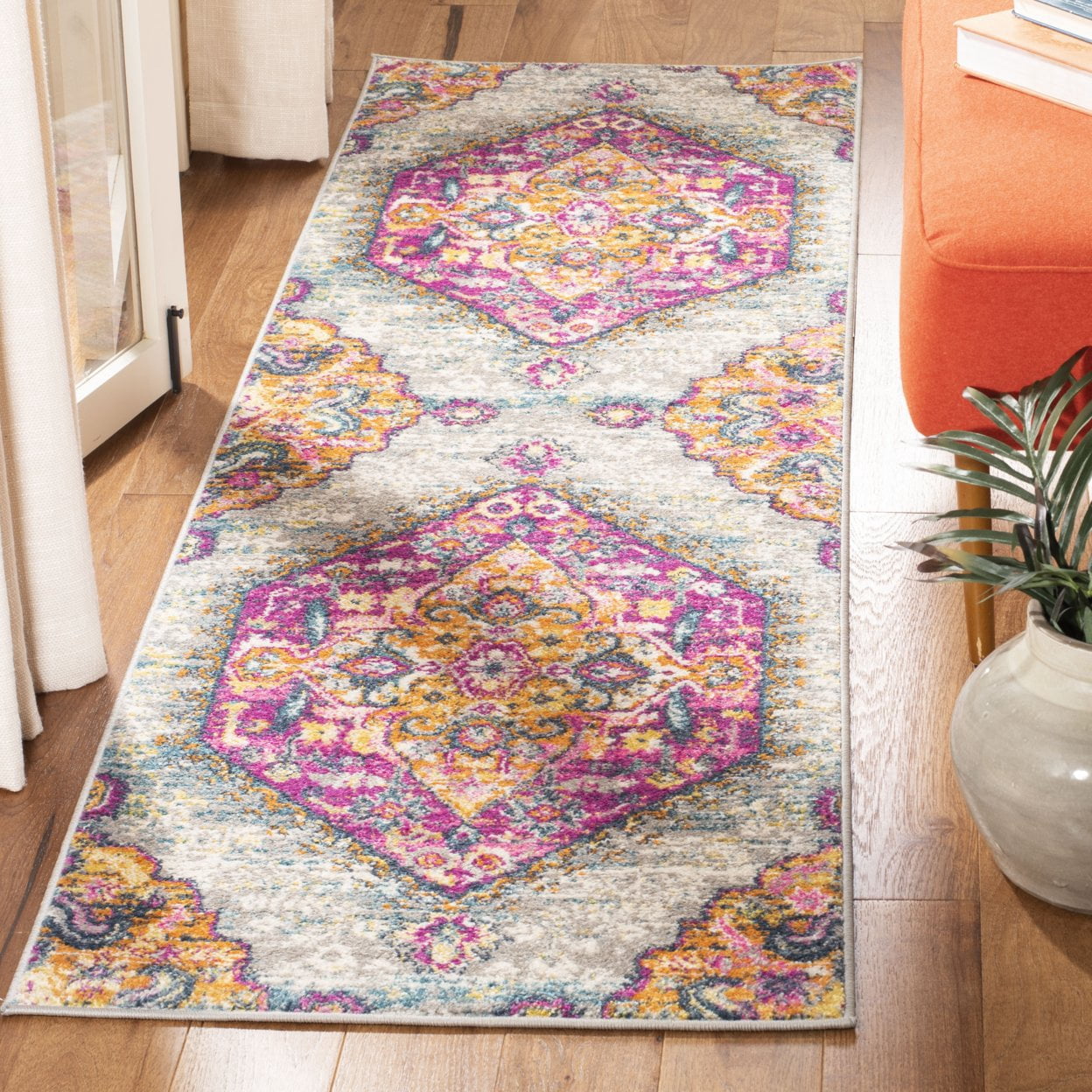 SAFAVIEH Madison Karissa Floral Runner Rug, Light Grey/Fuchsia, 2'3" x 12'