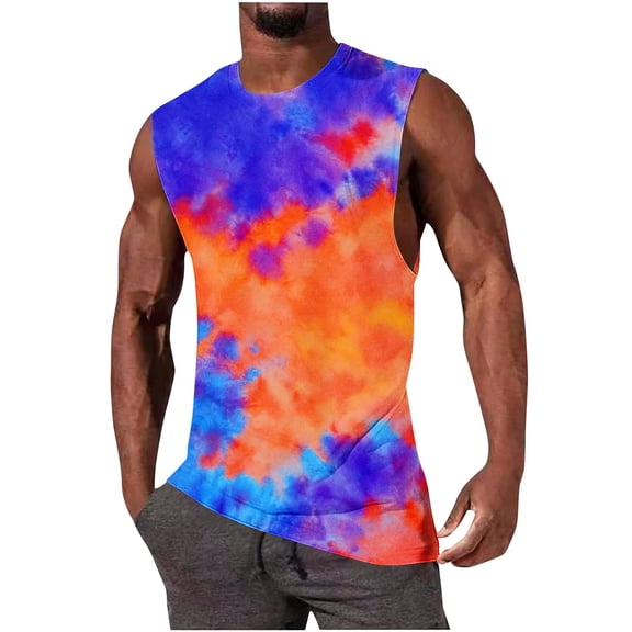 MELDVDIB Mens Tank Tops Tie-Dye Crew Neck Loose Sleeveless T-Shirt Breathable Summer Beach Vacation Stylish Pullover Tees