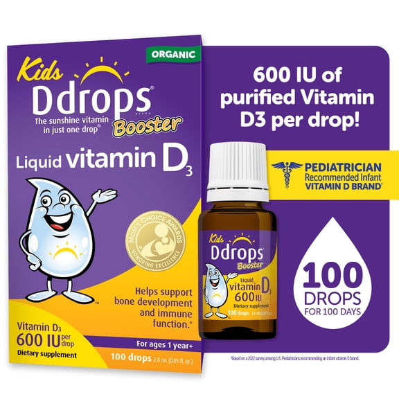 Kids Ddrops Booster Liquid Vitamin D3 Drops, 600 IU Per Drop, 0.09 fl oz