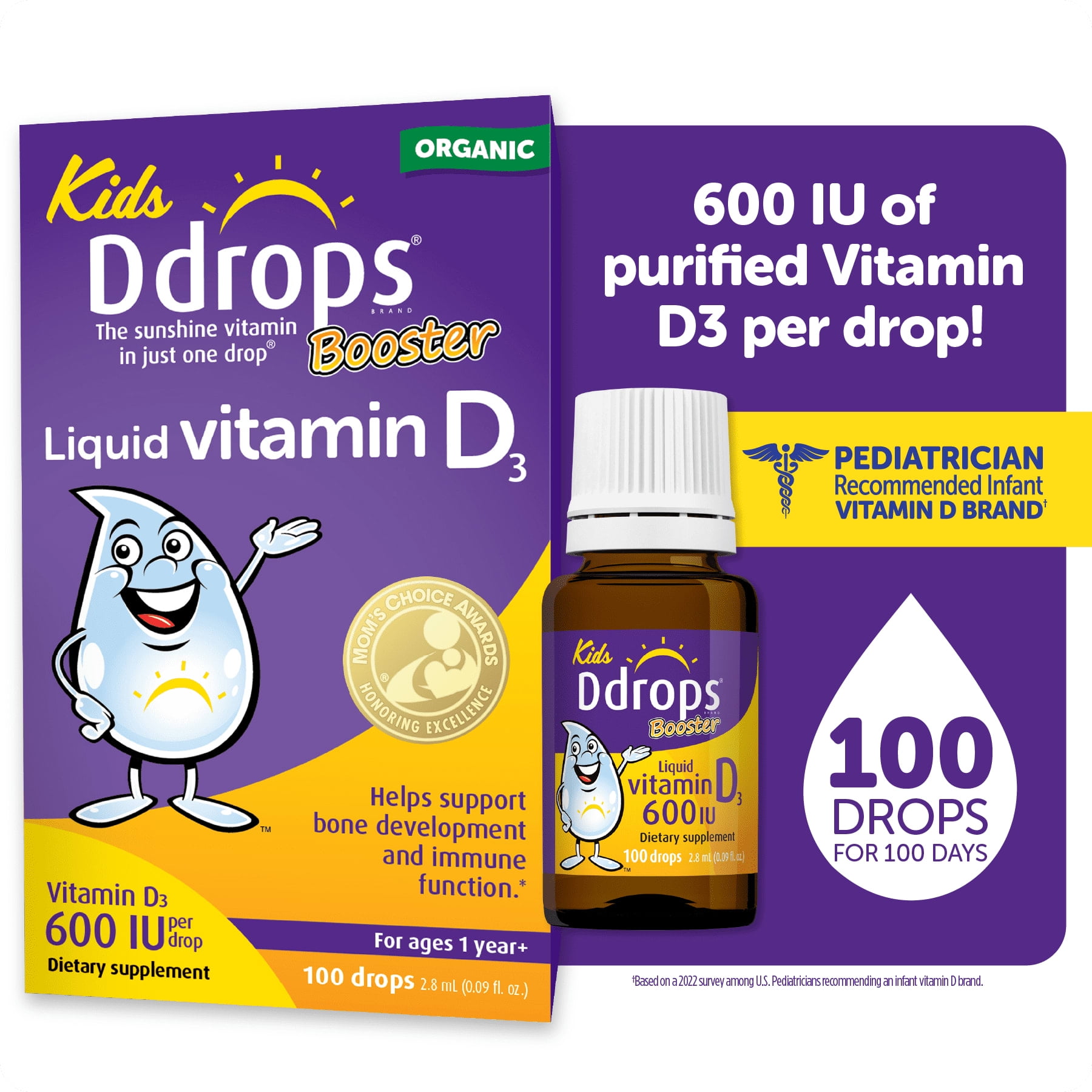 Kids Ddrops Booster Liquid Vitamin D3 Drops, 600 IU Per Drop, 0.09 fl oz