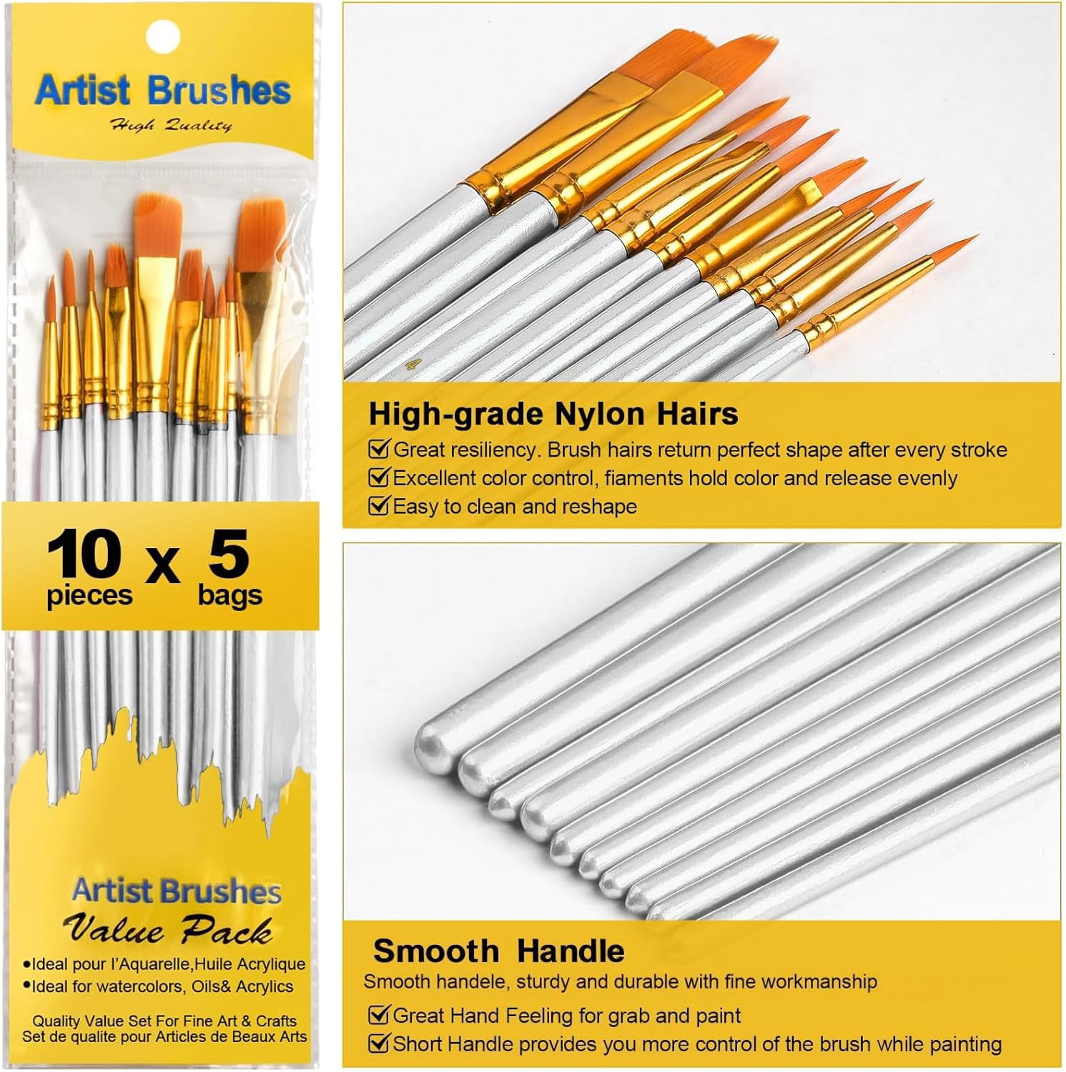 JJEAN-Acrylic Paint Brushes Set, 50Pcs Round Pointed Tip Artist Paintbrushes for Acrylic Painting Oil Watercolor Canvas Boards Rock Body Face Nail Art, Halloween Pumpkin Ceramic Crafts SuppliesWhite