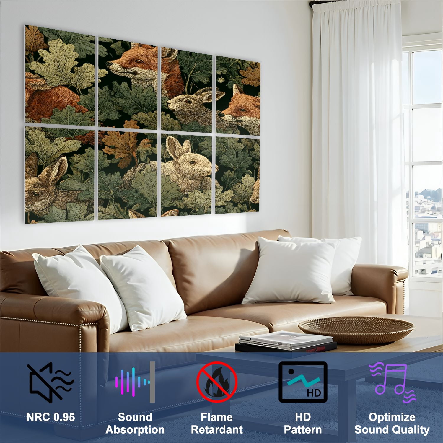 8 Pack Art Acoustic Panels Sound Absorbing Woodland Animals Foxes Rabbits Decorative Soundproof Wall Panels Self Adhesive for Nursery Game Room Bedroom 48"x32"