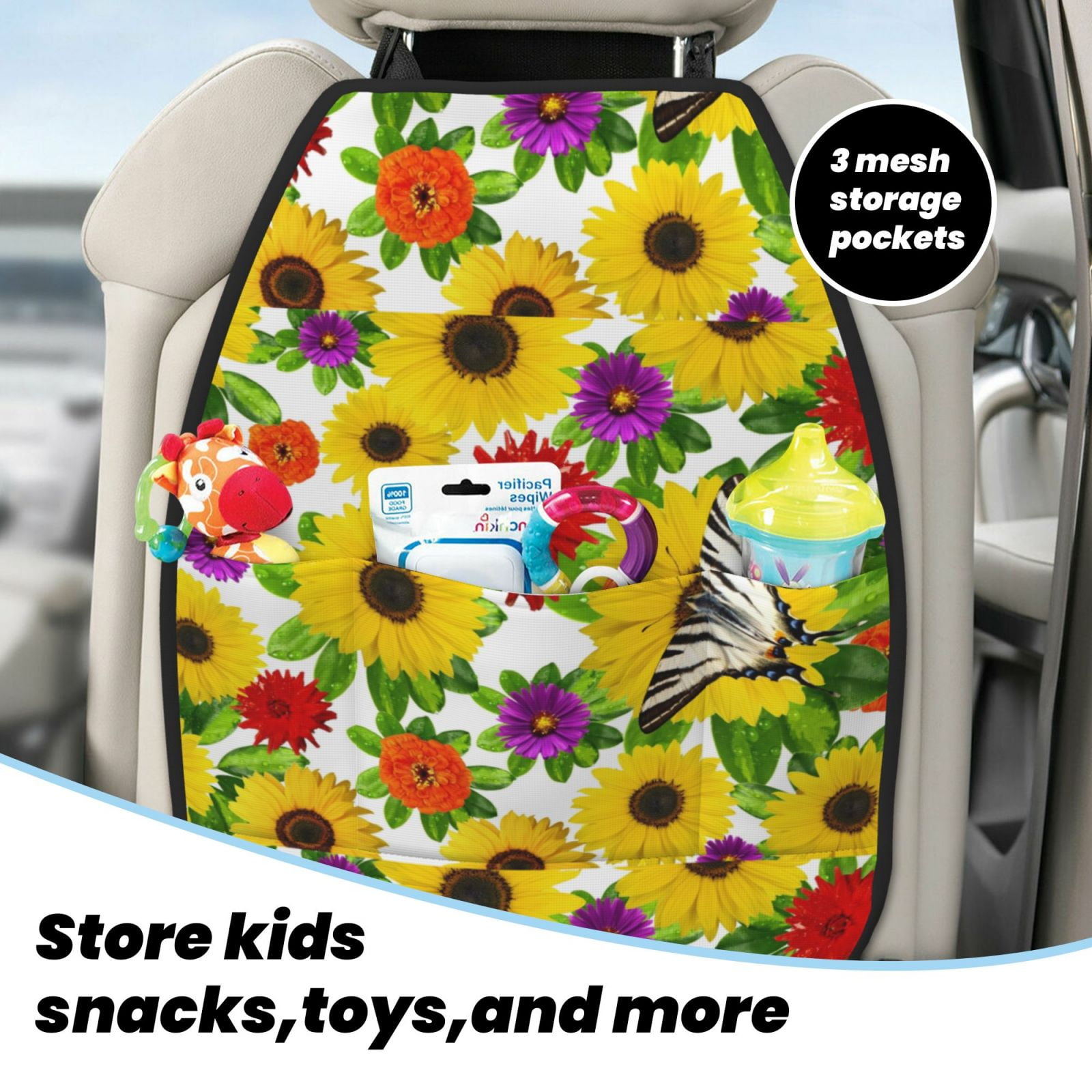 Kdxio Tiger Swallowtail On Flowers Print 2 Pack Car Kick Mat Seat Cover Back Protector Mat with Pockets for Organizer Backseat Protector and Storage Anti Kick Pad for Vehicles