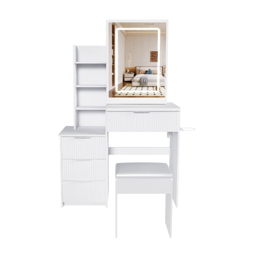Modern Vanity Desk Set with LED Lighted Mirror, 3 Lighting Modes, Adjustable Brightness, 4 Drawers, Open Storage Shelves, Power Outlet & Hair Dryer Holder, Dressing Chair, White