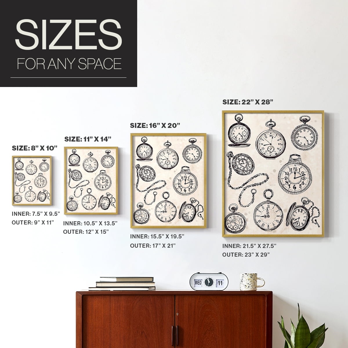 Pocket Watch Sketches II in Gold Solid Wood 22 x 28 Framed Print