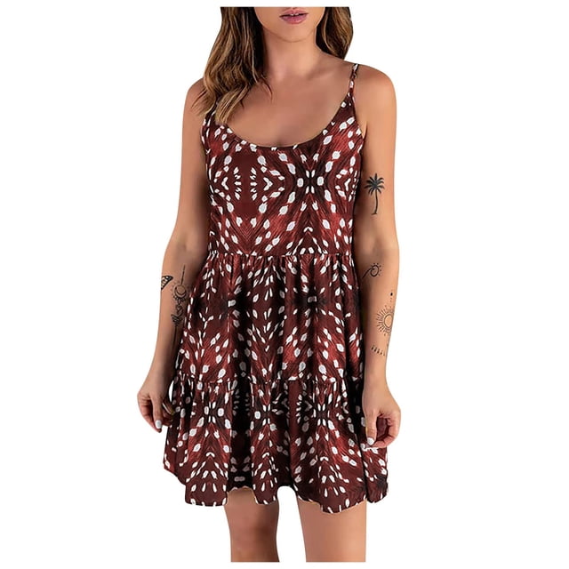 Robe pour Femmes à Col Rond à Bretelles Spaghetti Imprimée Robe à Étages Sans Manches d'Été Fluide Évasée Tunique Mini Robe de Plage