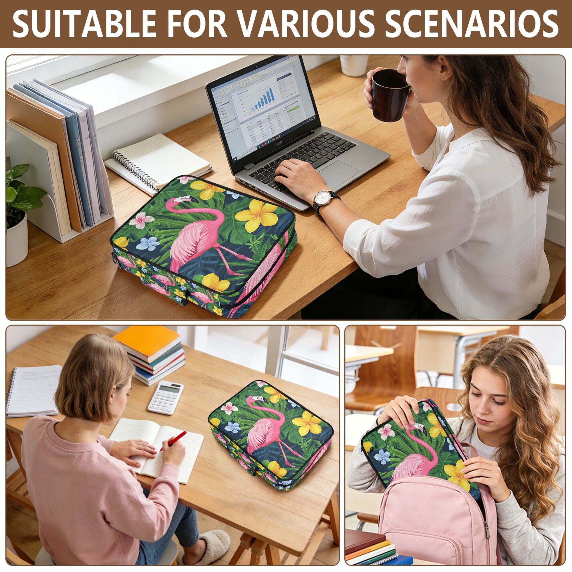 FORMRS Accordion File Folder A4 Size 7-Pocket Expanding Document Organizer Bag with 3 Ring Binder, Pink Flamingo Pattern