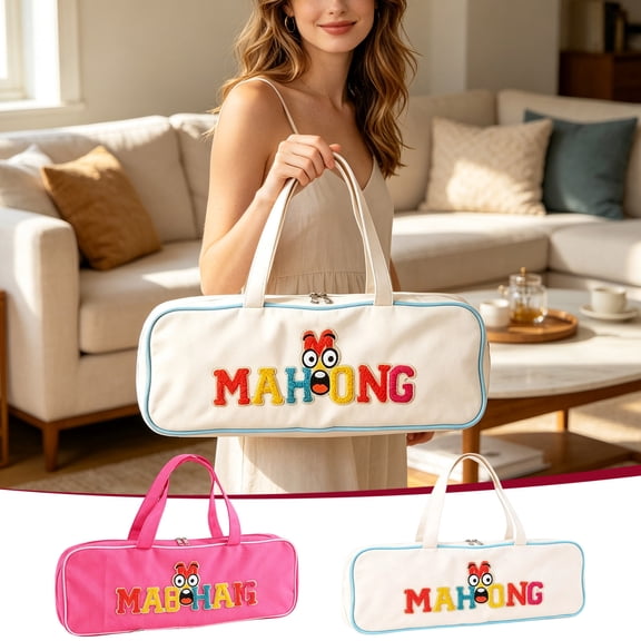 Storage Handbag,Canvas Embroidered Mahjong Tile Carrying Case with Comfort Reinforced Handles,Multi Functional Zipper Game Tile Storage Pouch for Travel Party Mahjong Enthusiast(Beige)