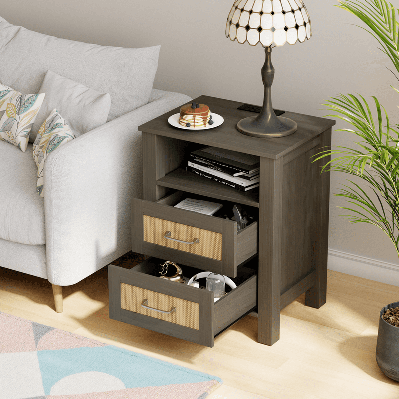 Homall Rattan Nightstand Set of 2 with 2 Drawers, Bedside Table End Table with Charging Station for Bedroom Living Room, Gray