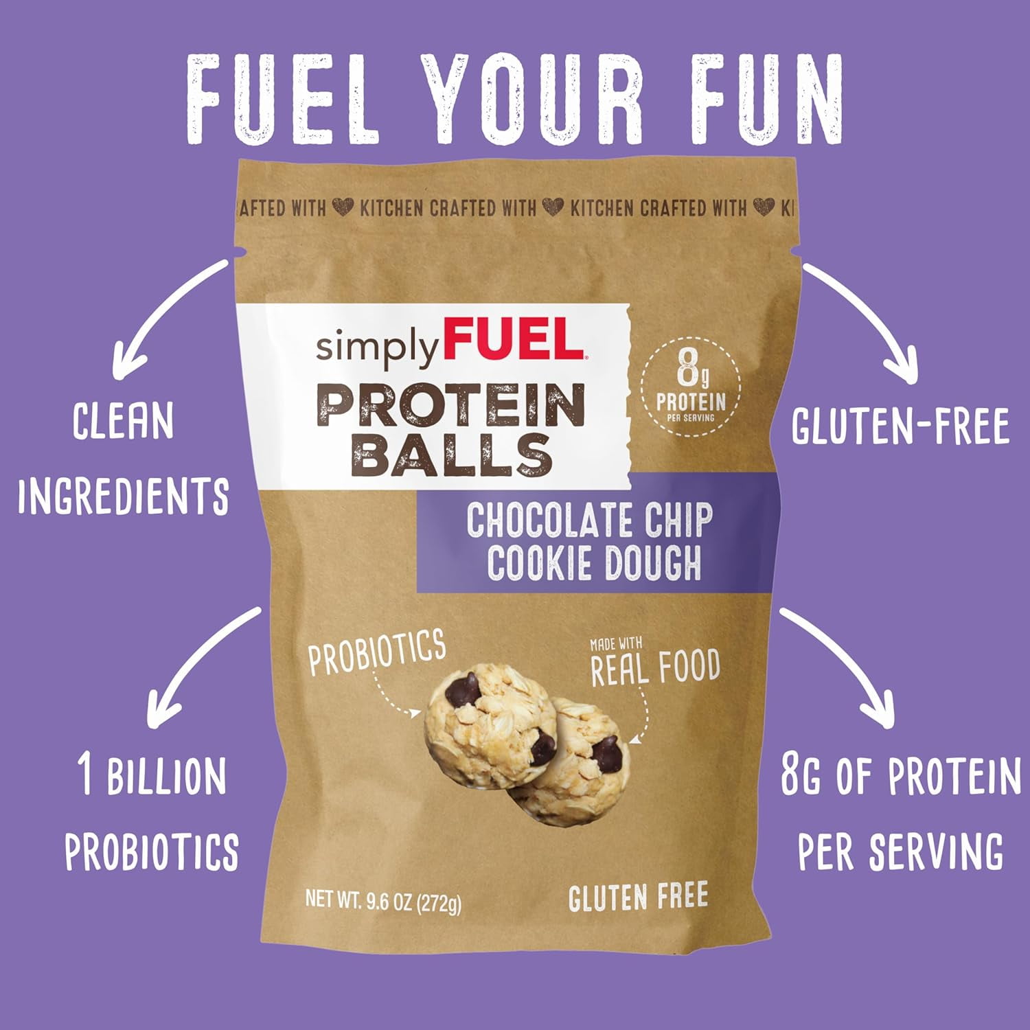 SimplyFUEL Whole Food Protein Balls with Probiotics - Chocolate Chip Cookie Dough Protein Snacks - 8g Protein Snack - Gluten Free Energy Balls , 2 Pack of 12 Balls