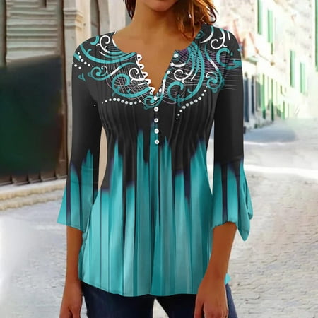 

GiliGiliso Women s Casual Trumpet 3/4 Sleeve Printed Buttoned Basic Ruched Corset Tunic Tops Pleated T-shirts Blouses