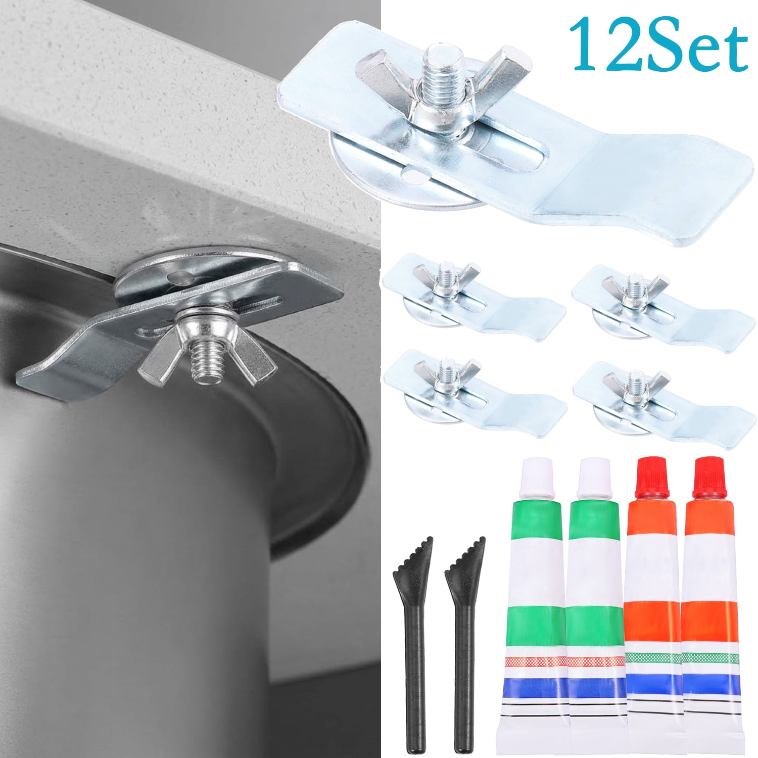 12 Pack Undermount Sink Clips with Epoxy Glue, Heavy Duty Stainless Steel Undermount Sink Mounting Brackets, No Drilling Sink Support Kit for Kitchen & Bathroom Vanity Countertop