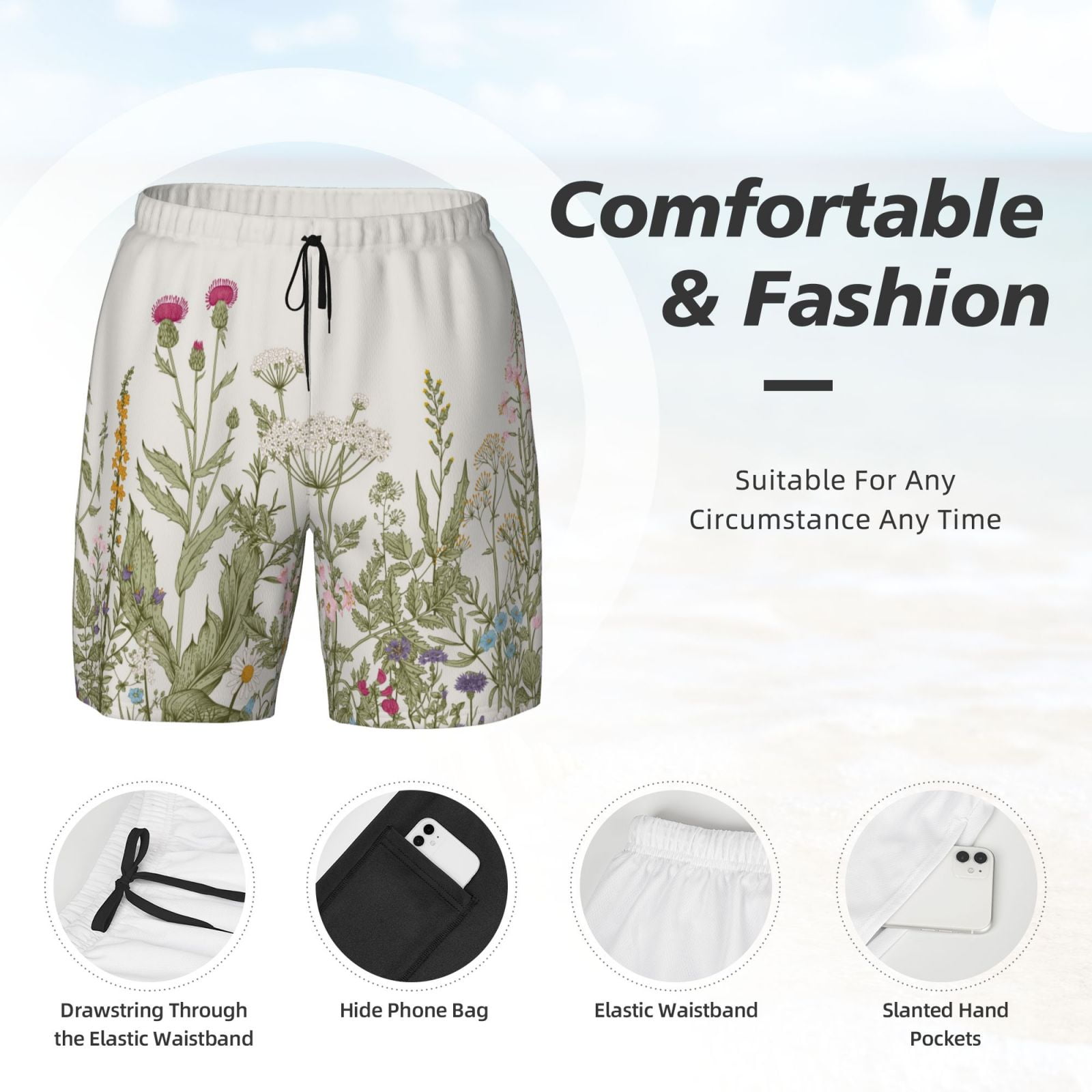 Xecao Herbs and Wildflowers for Men's Swimming Trunks Swim Trunks Quick Dry Swim Shorts with Mesh Lining Funny Swimwear Bathing Suits