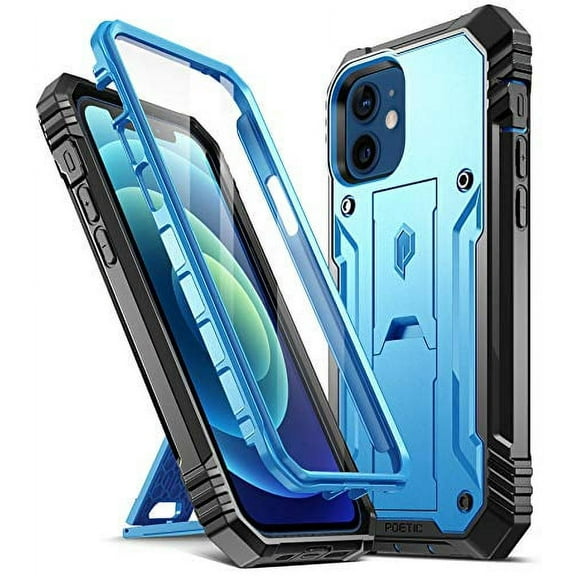 Poetic Revolution Series for Apple iPhone 12 Pro 6.1 inch Case, Full-Body Rugged Dual-Layer Shockproof Protective Cover with Kickstand and Built-In-Screen Protector, Blue