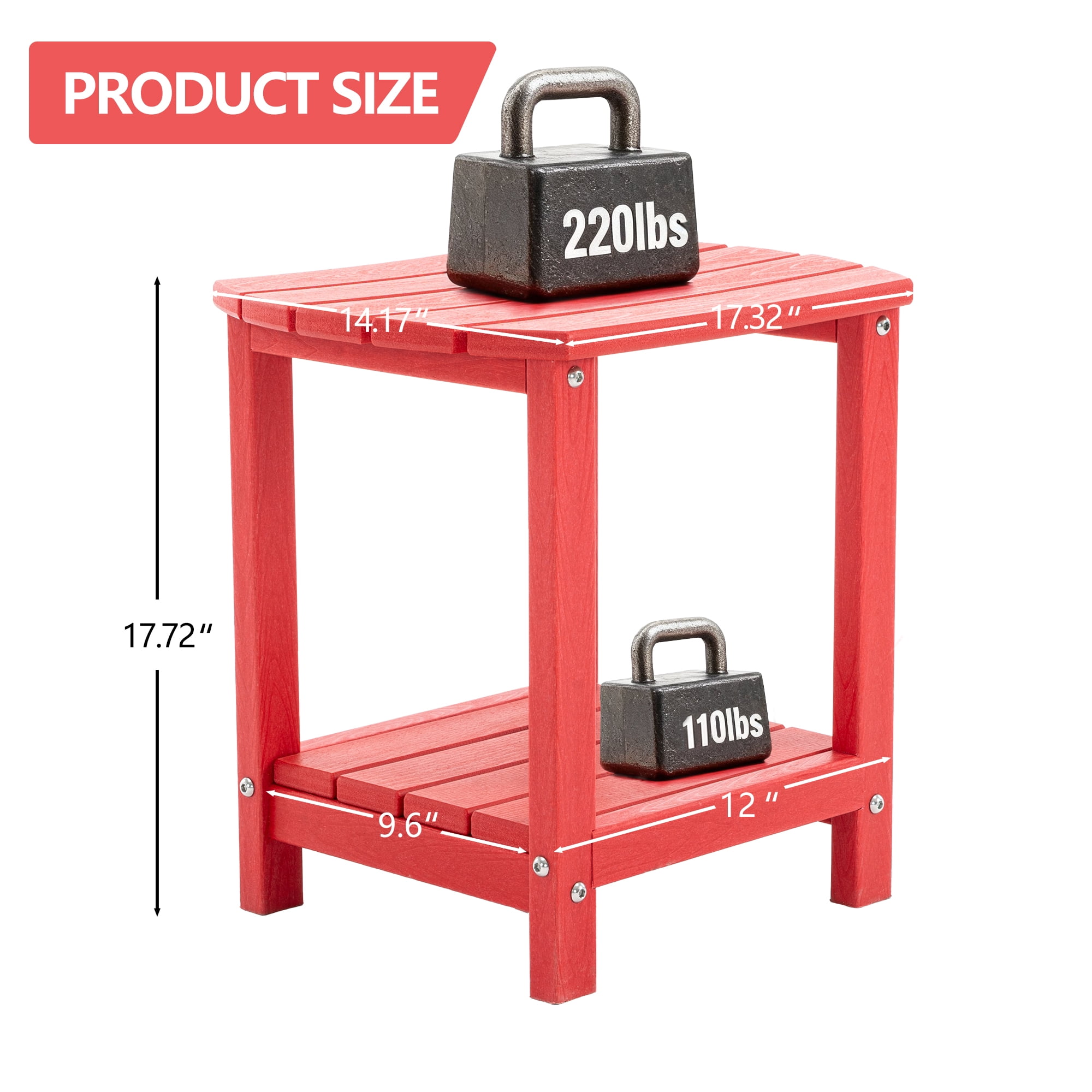 ENYLAY Adirondack Small Outdoor Side Table , Weatherproof HDPE Patio End Table with 2-Tier Storage for Firepit, Balcony, Garden, Poolside or Bathroom (Red, Set of 2)