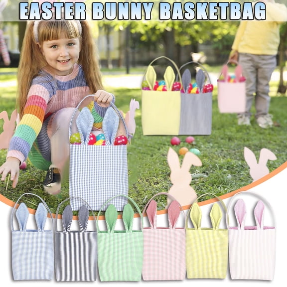 Easter Basket Egg Hunt Bunny Baskets for Women with Cute Rabbit Ears Stripe Storage Gifts Candies Personalized Easter Party Gifts Blue