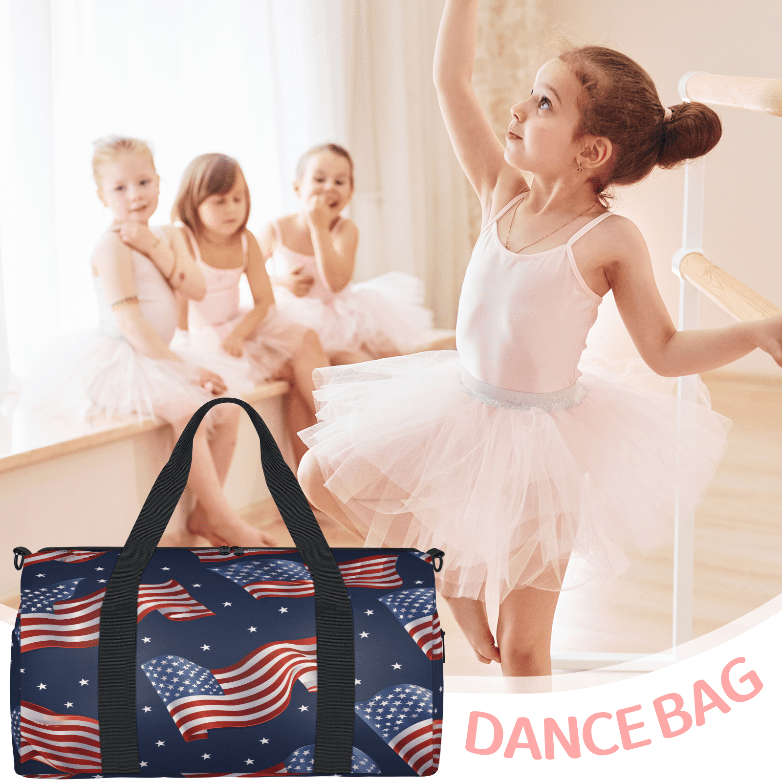 Herdesigns American Flag Gym Bag for Women, Duffle Bag for Travel Sport, 4th of July USA Flag Lightweight Waterproof Carry on Weekender Dance Yoga Workout Bags