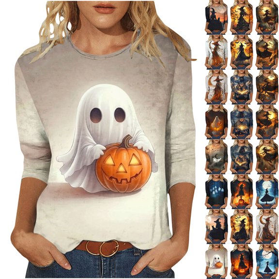 Yourumao Witch Printed Halloween Shirts for Women Plus Size 3/4 Sleeve Tops Crewneck Graphic T Shirts for Night Out