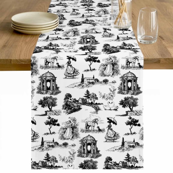 Farmhouse Country Table Runner - 72 Inch Long Retro French Garden Horse Swan Cotton and Linen Blended Dress Scarves Farmhouse Table Runner for Kitchen Dining, Coffee Table, 13" x 72"