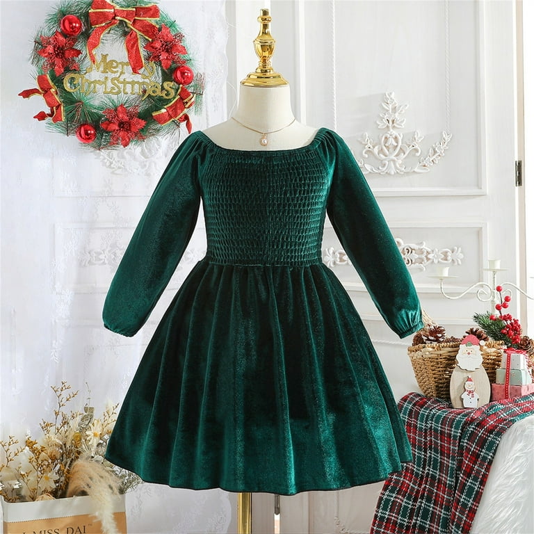 white christmas dresses Long Sleeve Ruffle Dress in Green Corduroy 7Y main image 1