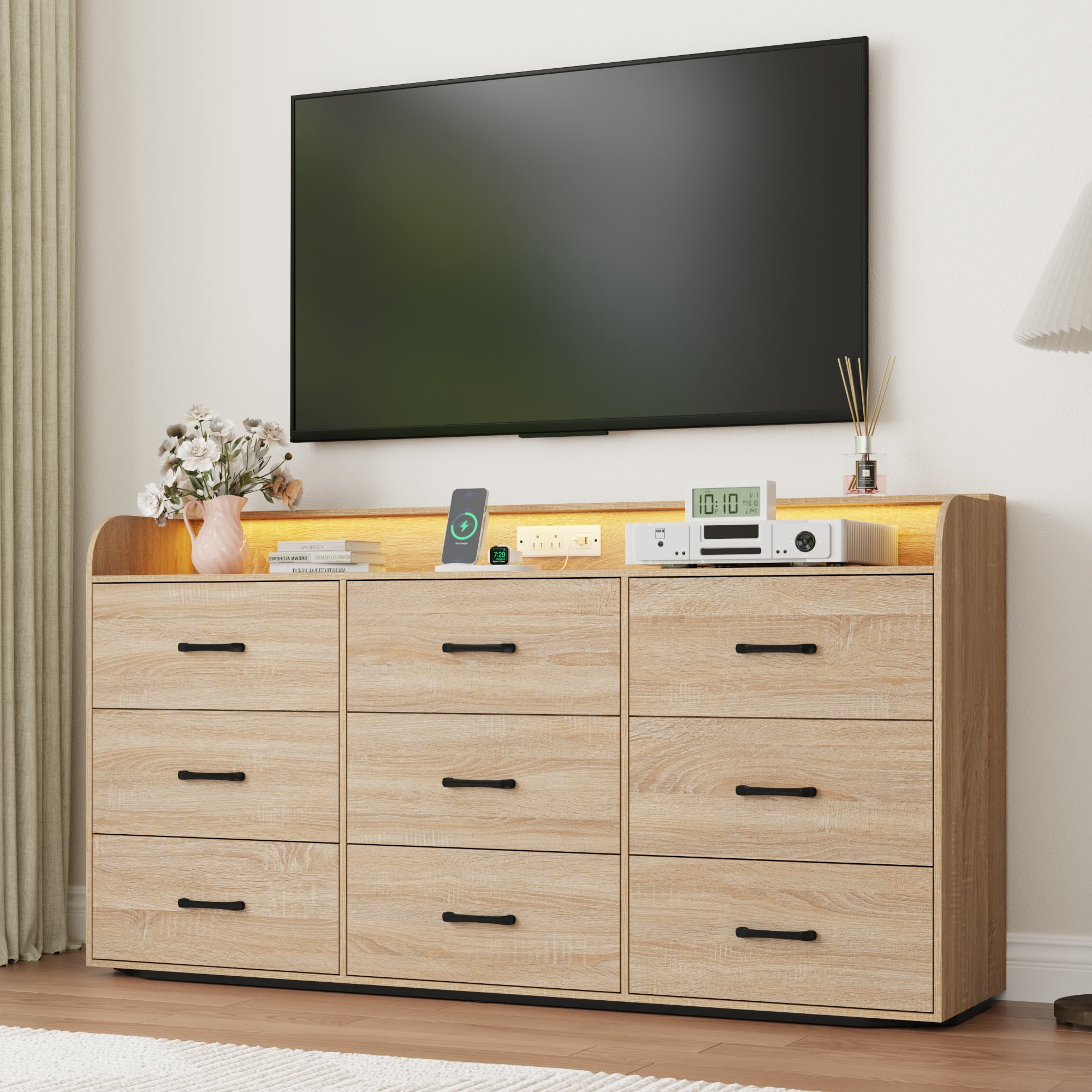 9 Drawer Dresser for Bedroom, 63" Large Long Wood dresser with Power Outlet, LED Light and Deep Big Drawers, Modern Minimalist Oak Dresser Wide Chest of Drawers for Bedroom, Living Room