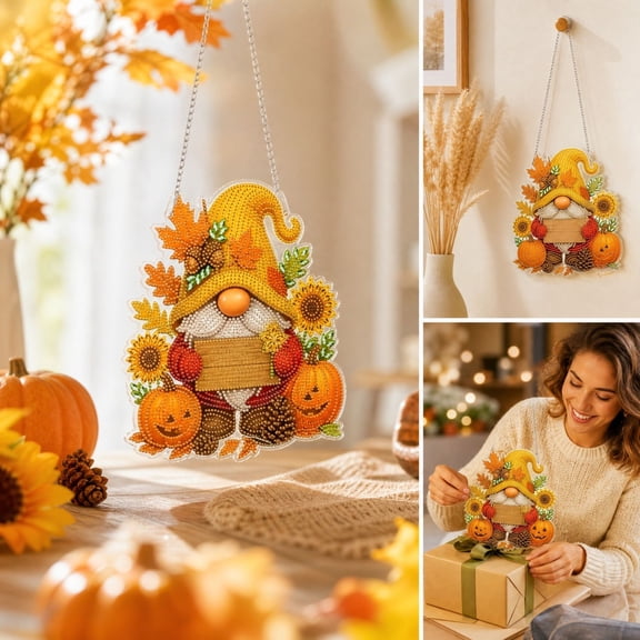 Dmlowu Pearl Art Kits for Adults, 8in Thanksgiving Hanging DIY Diamond Art Kits, Handmade Fall Decorations for Home Wall Window Door