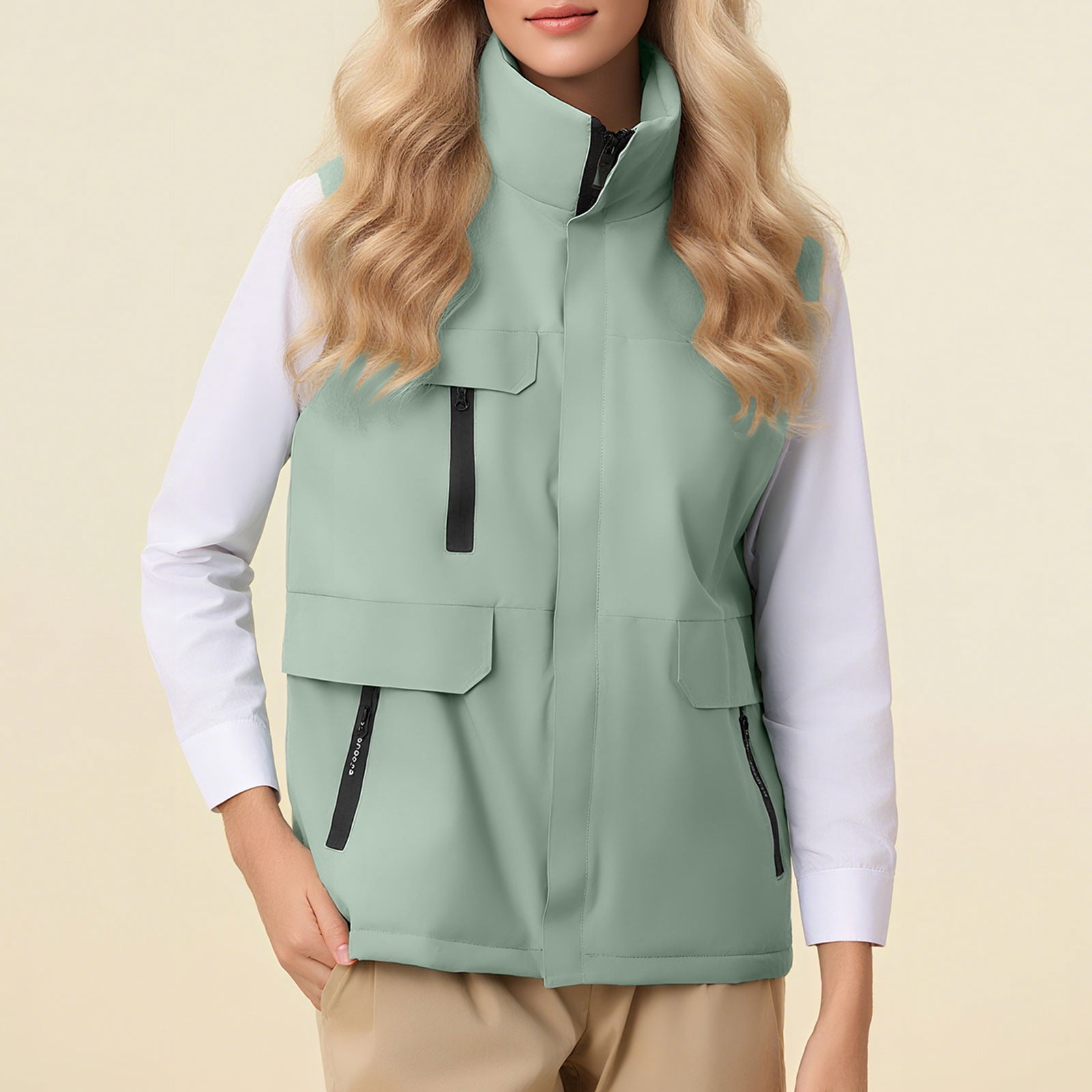 UTSJKR Vests for Women Lightweight Sleeveless Stand Collar Vest Waterproof Hiking Travel Golf Running Jacket with Pockets Green XL