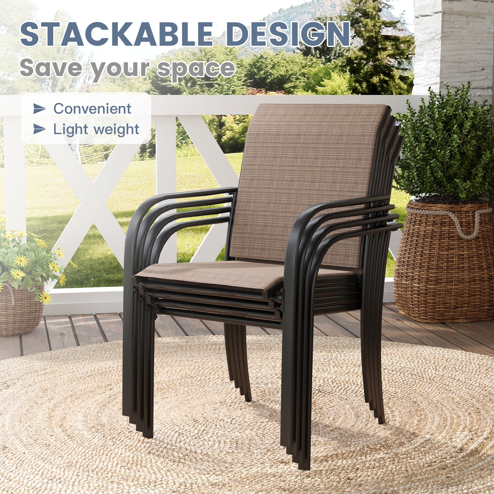 Vicllax Outdoor Dining Chair Patio Chairs Stacking Metal Modern for Deck Garden, Set of 4, Brown
