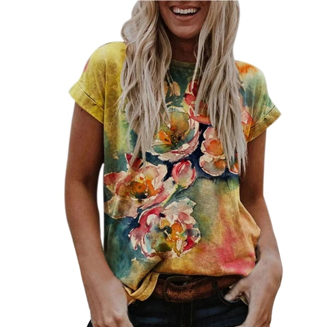 Pntutb mujeres verano moda manga corta cuello redondo impresión Casual blusa camiseta tops Pntutb Pntutb-6465