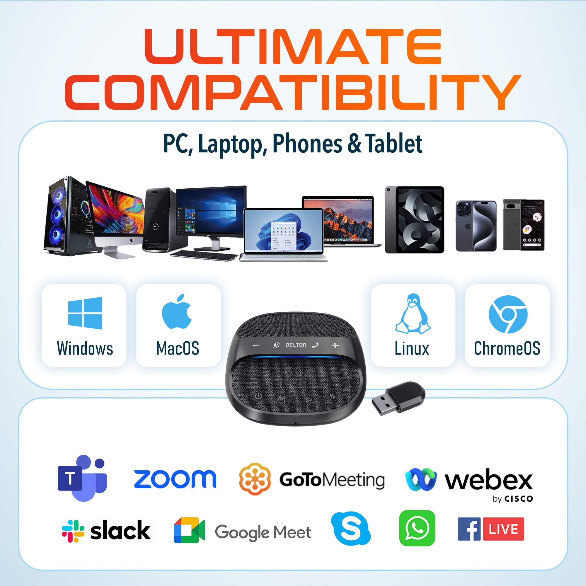 Delton C4700 Wireless Bluetooth Conference Speaker with Microphone, 9-Hour Call Time, 360° Voice Pickup, 10 to 16 Feet Voice Range, Noise Reduction, Compatible with Zoom, Slack, Skype